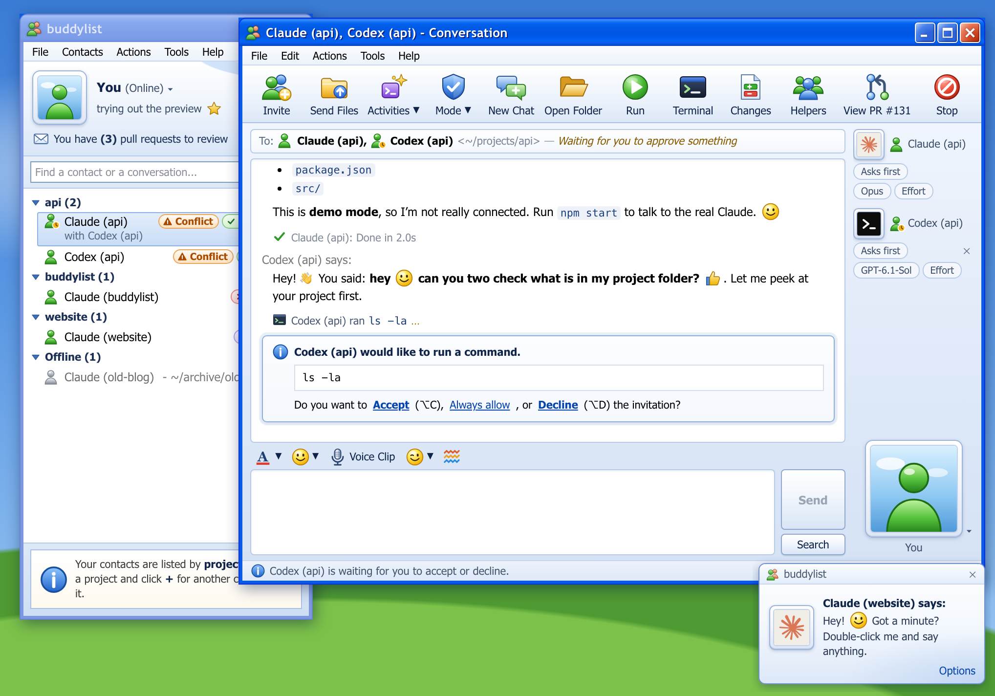 The buddylist contact list, grouped by project with pull request tags on its rows, next to a conversation window where Claude and Codex share a project and Codex asks to run a command, with a toast in the corner for an incoming message